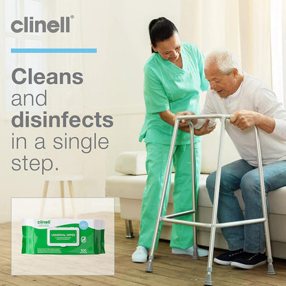 Clinell Universal Wipes White Pack of 100 Antibacterial Cleaning and Disinfectant Wipes for Hands Surfaces Equipment Healthcare Workplace and Home Use