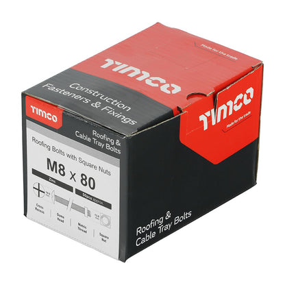 TIMCO Roofing Bolt & SQ Nut Zinc M8 x 80 Silver Pack 50