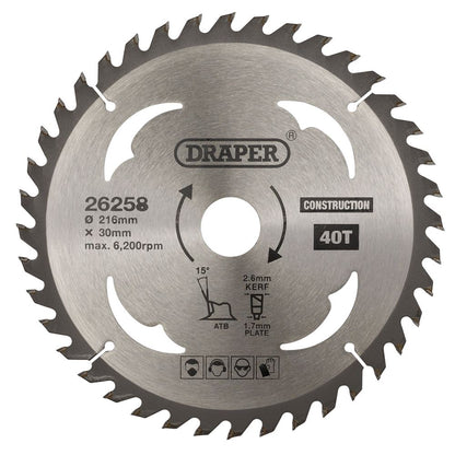 Draper TCT SAW BLADE 216MM 40T CONS 26258 TCT Construction Circular Saw Blade, 216 x 30mm