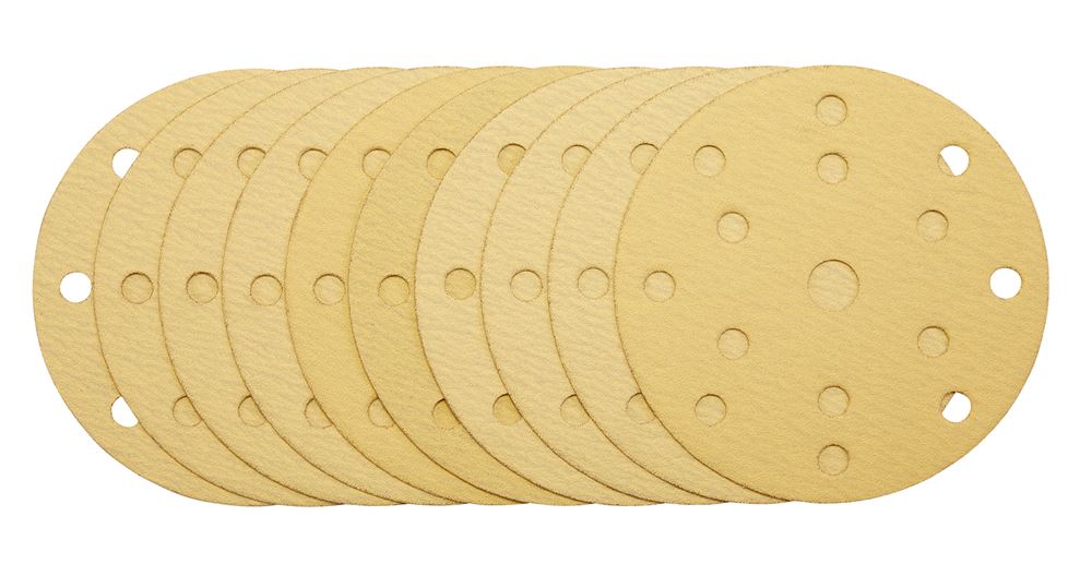 Draper 150MM GOLD SAND DISC 120G 15DE 08473 Gold Sanding Discs with Hook & Loop, 150mm, 15 Dust Extraction Holes (Pack of 10)