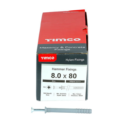 TIMCO Nylon Hammer Fixing Zinc 8.0 x 80 Pack 100
