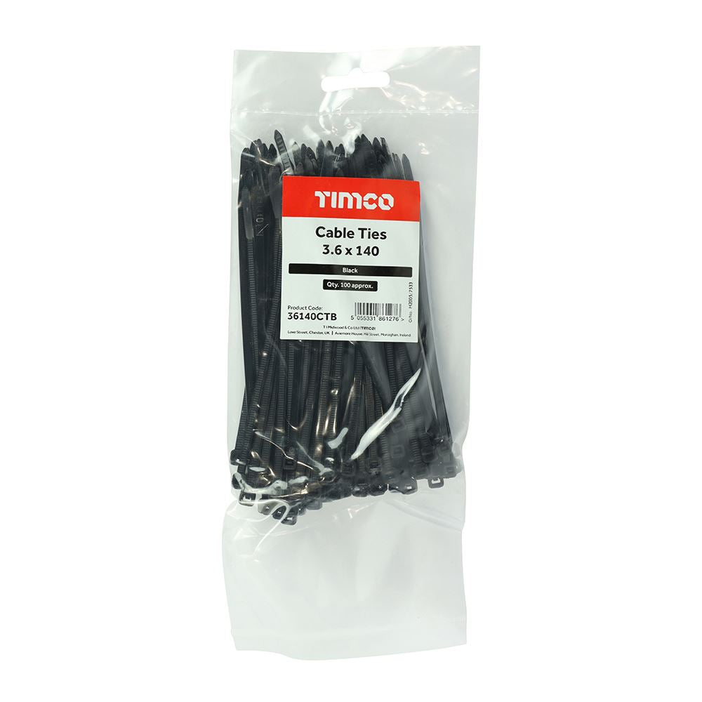 TIMCO Cable Tie Black 3.6 x 140 Black Pack 100