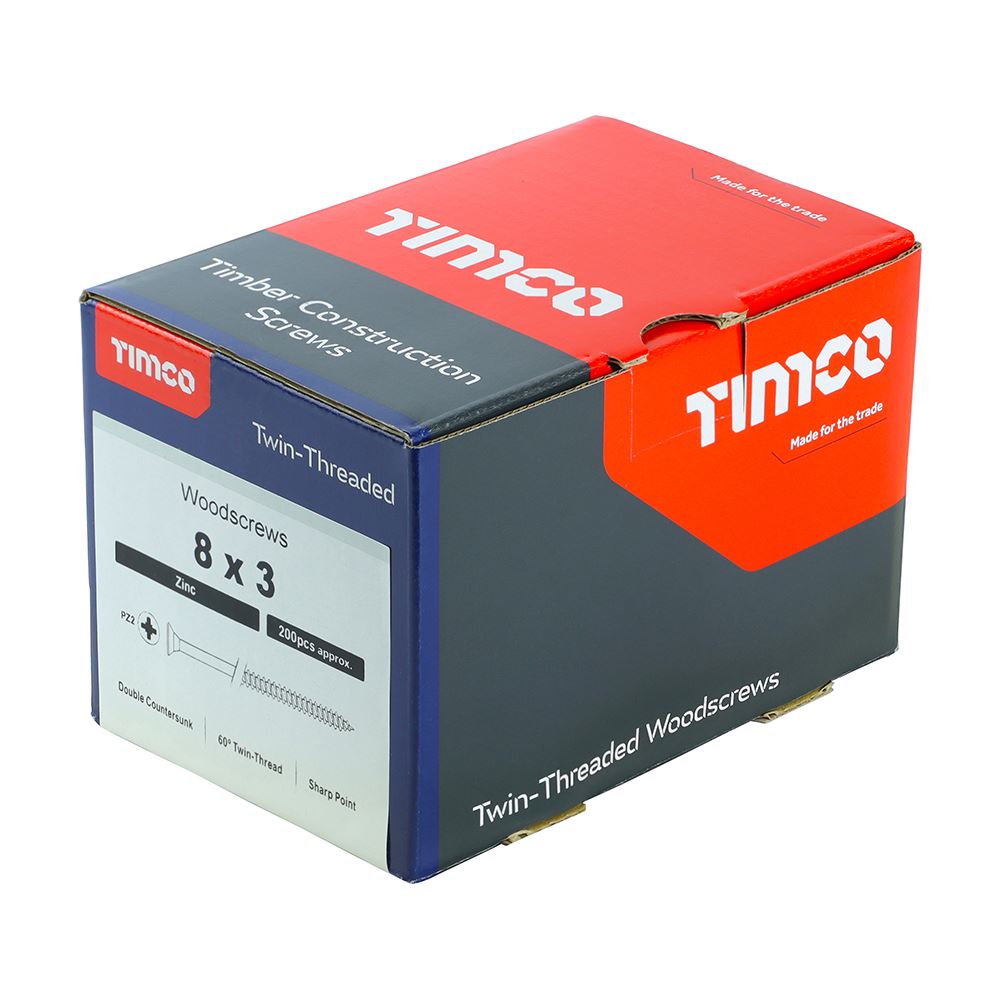 TIMCO Twin Woodscrew PZ2 CSK Zinc 8 x 3 Silver Pack 200