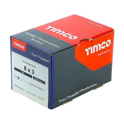 TIMCO Twin Woodscrew PZ2 CSK Zinc 8 x 3 Silver Pack 200