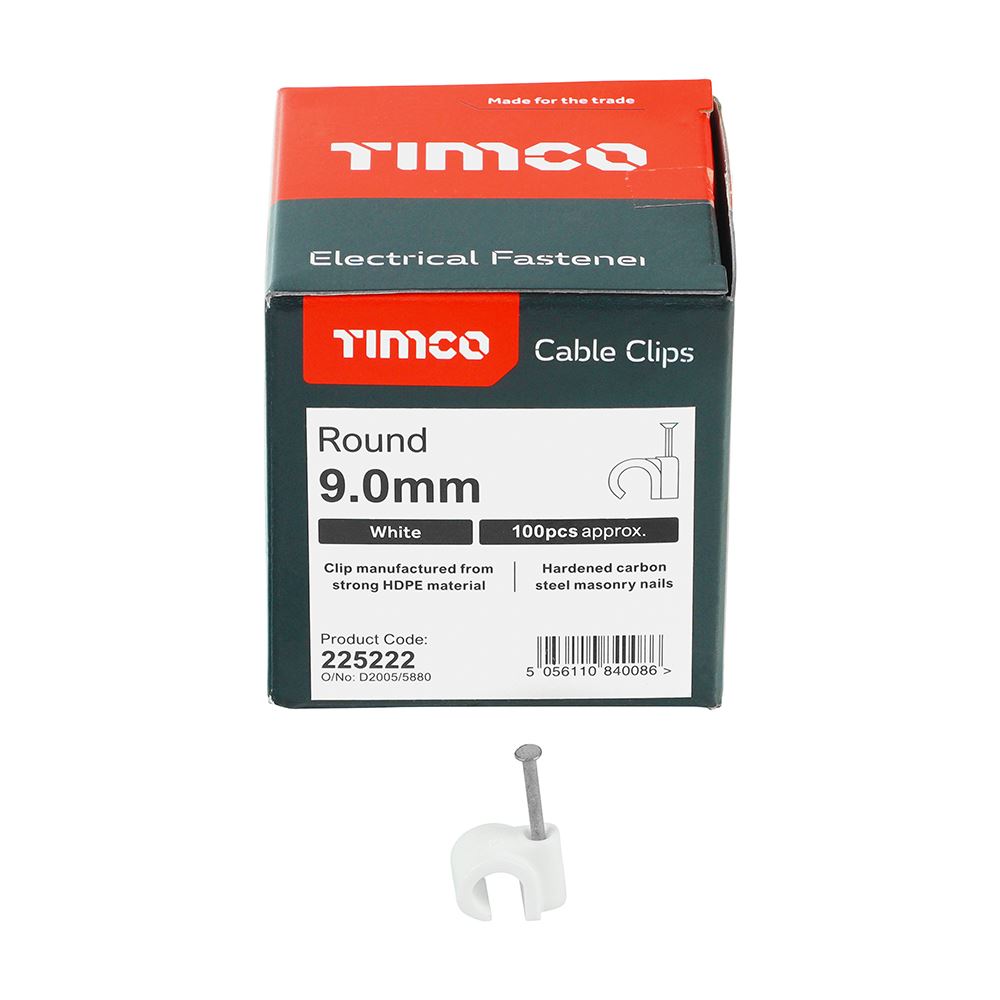 TIMCO Round Cable Clip White To fit 9.0mm White Pack 100