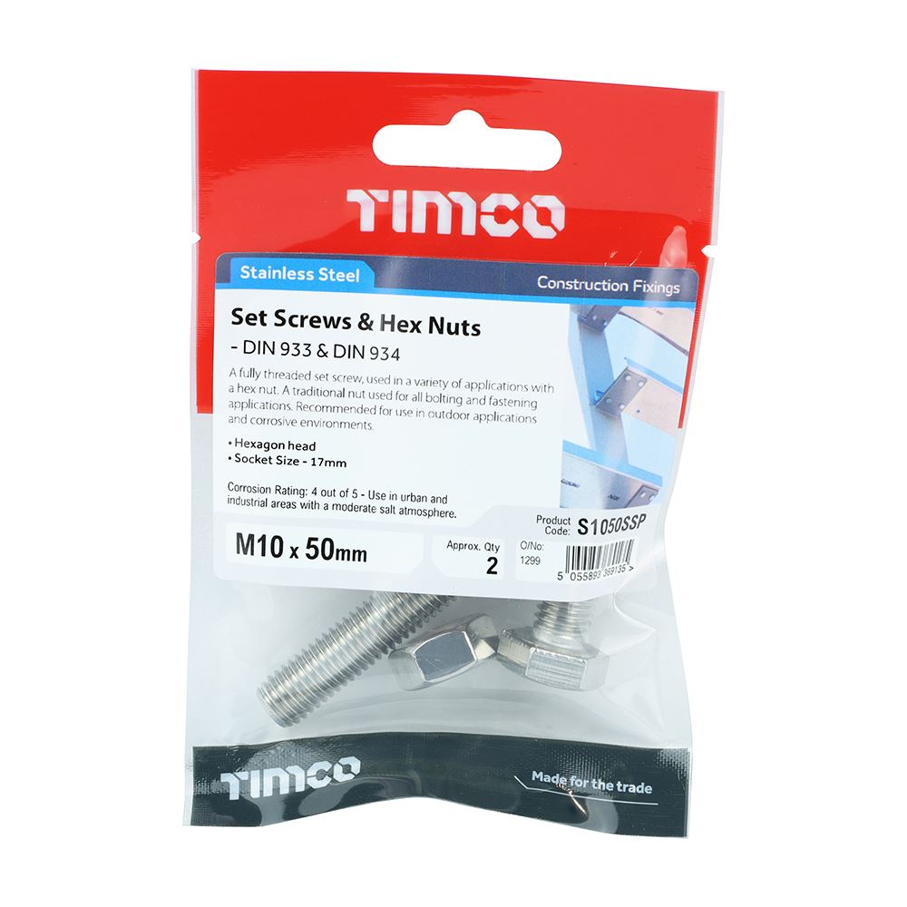 TIMCO Set Screw & Hex Nut - A2 SS M10 x 50 Silver Pack 2