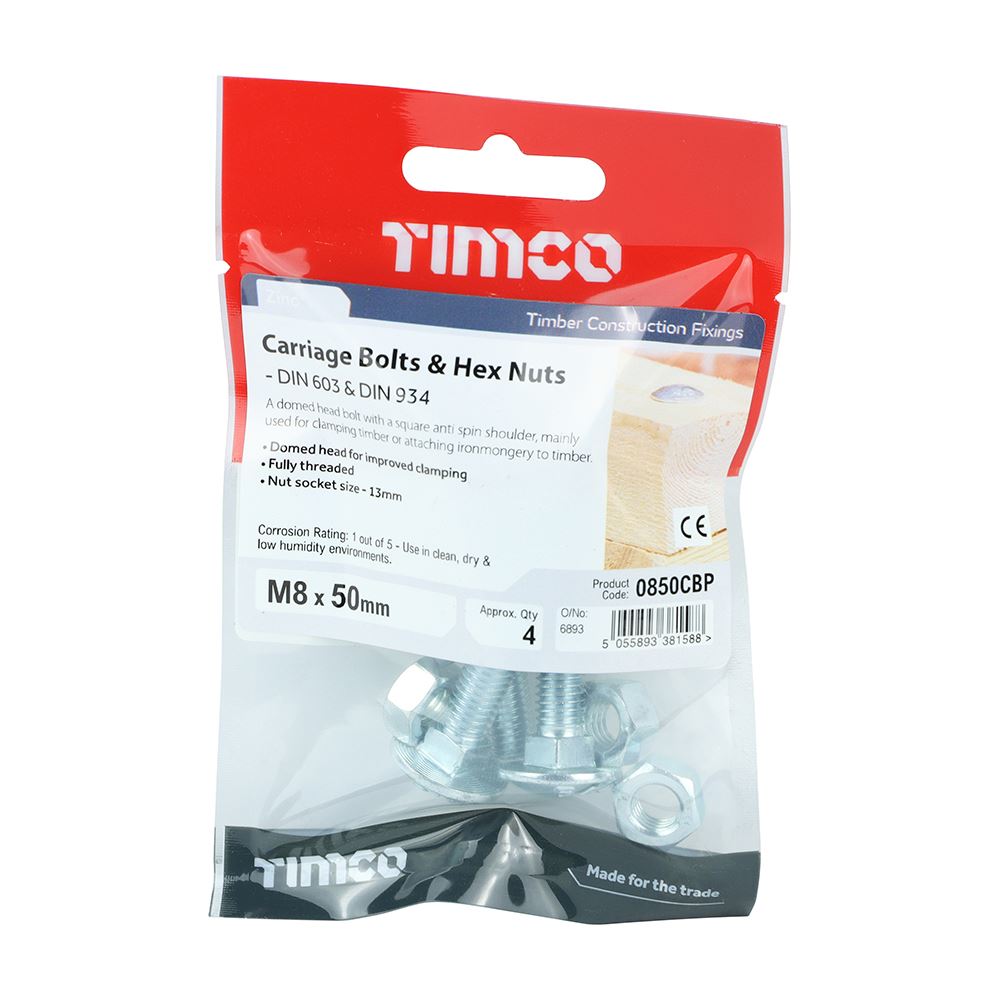TIMCO Carriage Bolt & Hex Nut - BZP M8 x 50 Silver Pack 4