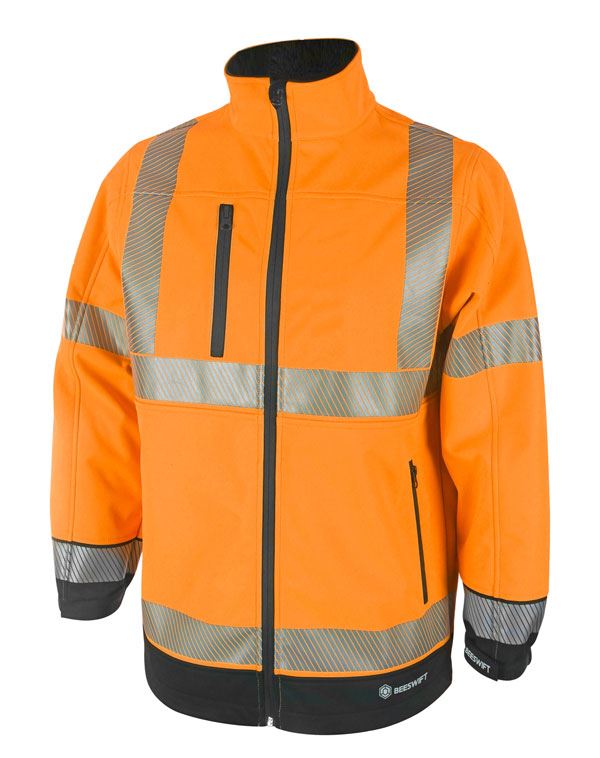 Beeswift Deltic Hi Vis Softshell Jacket Orange Black XL Windproof Breathable Fleece Backed Workwear with Reflective Tape and Zipped Pockets
