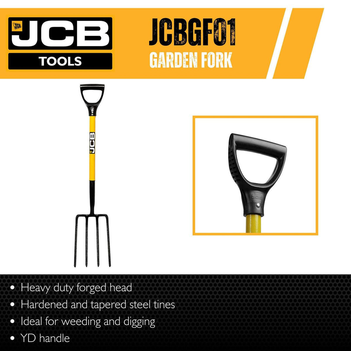 JCB JCBGF01 Garden Fork 4 Prong 195x290mm Blade High Carbon Steel Professional Digging Fork Garden Tool