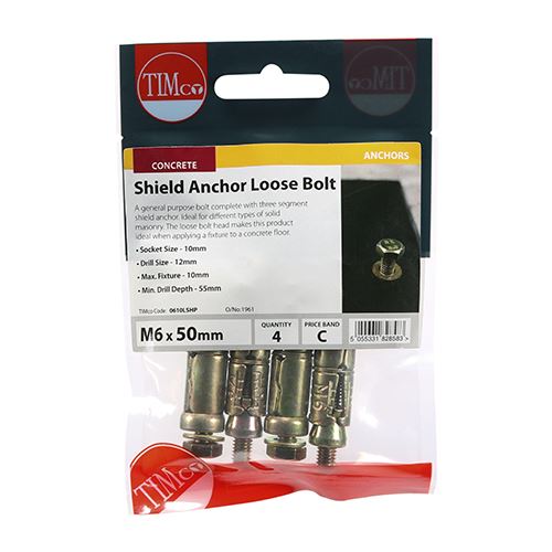 TIMCO Shield Anchor Loose Bolt - ZYP M6:10L (M6 x 50) Gold Pack 4