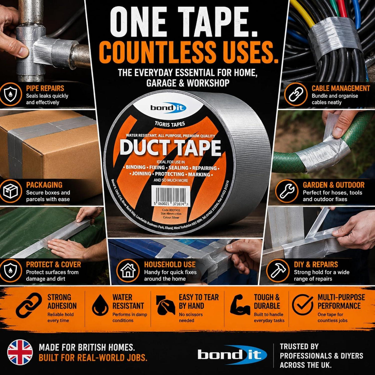 Bond It Duct Tape 48mm x 45m Heavy Duty Water Resistant Black Silver Gaffer Cloth Repair Sealing Tape