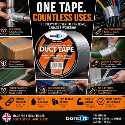 Bond It Duct Tape 48mm x 45m Heavy Duty Water Resistant Black Silver Gaffer Cloth Repair Sealing Tape