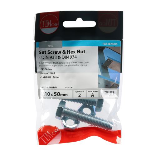 TIMCO Set Screw & Hex Nut - BZP M10 x 50 Silver Pack 2