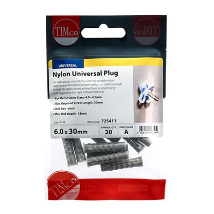 TIMCO Nylon Universal Plug 6.0 x 30 Pack 20