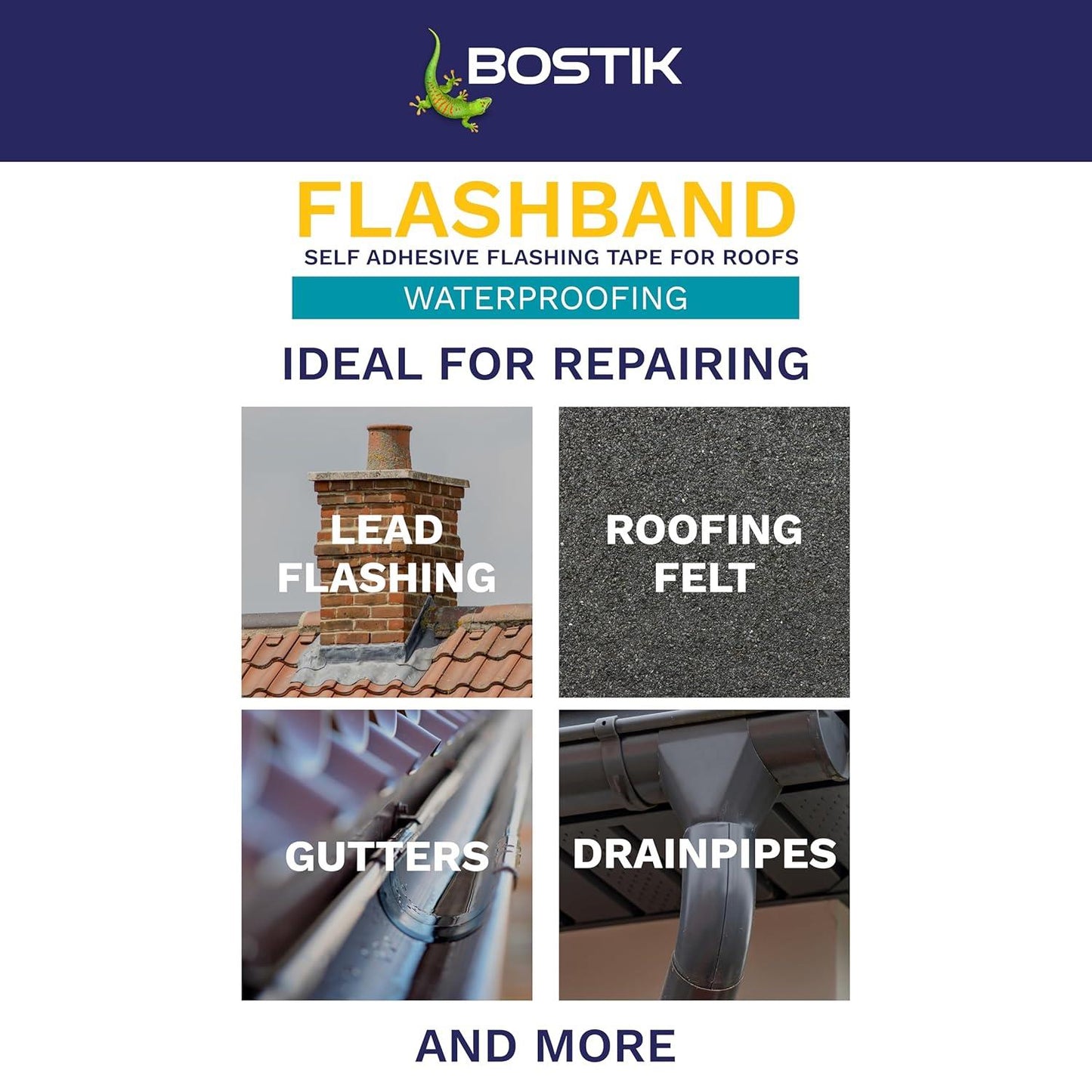 Bostik Flashband Self Adhesive Flashing Tape for Roofs, Provides an Instant Watertight Seal, Colour: Grey, 100mm x 10m