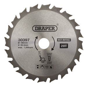 Draper TCT SAW BLADE 185MM 20T MULTI 30397 TCT Multi-Purpose Circular Saw Blade, 185 x 25.4mm