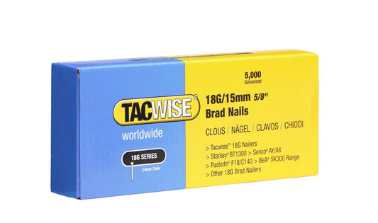 Tacwise 0394 18G 15 mm Brad Nails Galvanised Pack of 5000 for Nail Staple Guns Trade Fixing
