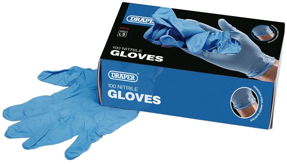 63758 Draper Nitrile Gloves, Large (Box of 100) NGSB-100L Work Gloves Professional Trade DIY Workshop Garage Use