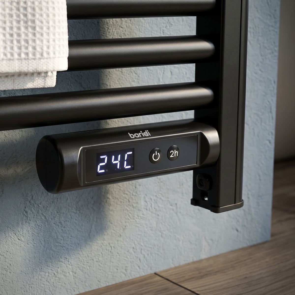 Baridi DH371 Electric Heated Towel Rail 1085 x 535mm with LED Display - Black | 425W, 230V - 50HZ, Overheat Protection | LED temperature display.