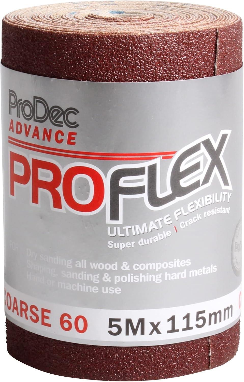ProDec Advance ProFlex 60 Grit Coarse Abrasive Sanding Roll 5m x 115mm – Flexible Low-Clog Aluminium Oxide Cloth for Hand or Machine Sanding