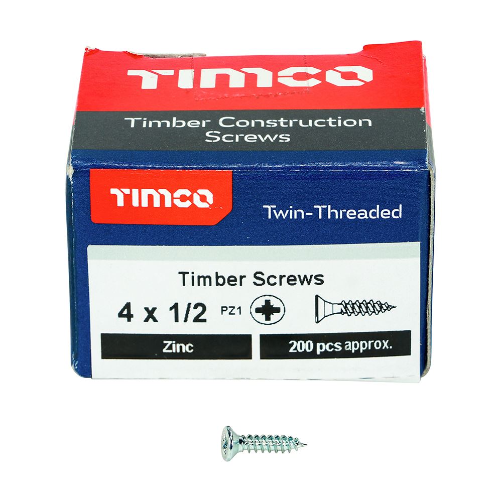 TIMCO Twin Woodscrew PZ1 CSK Zinc 4 x 1/2 Silver Pack 200