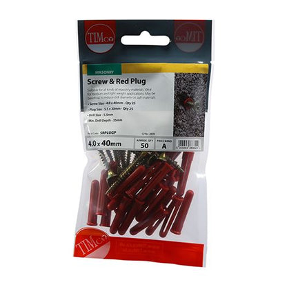 TIMCO Screws & Red Plastic Plugs 30mm Red Plug, 4.0x40 Screw Red Pack 25