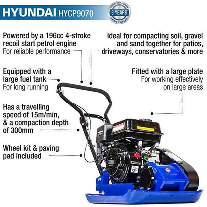 Hyundai HYCP9070 Petrol Plate Compactor 196 cc Wheel Kit Paving Pad Wacker Plate Paving Compactor Ground Paving Wacker Plate