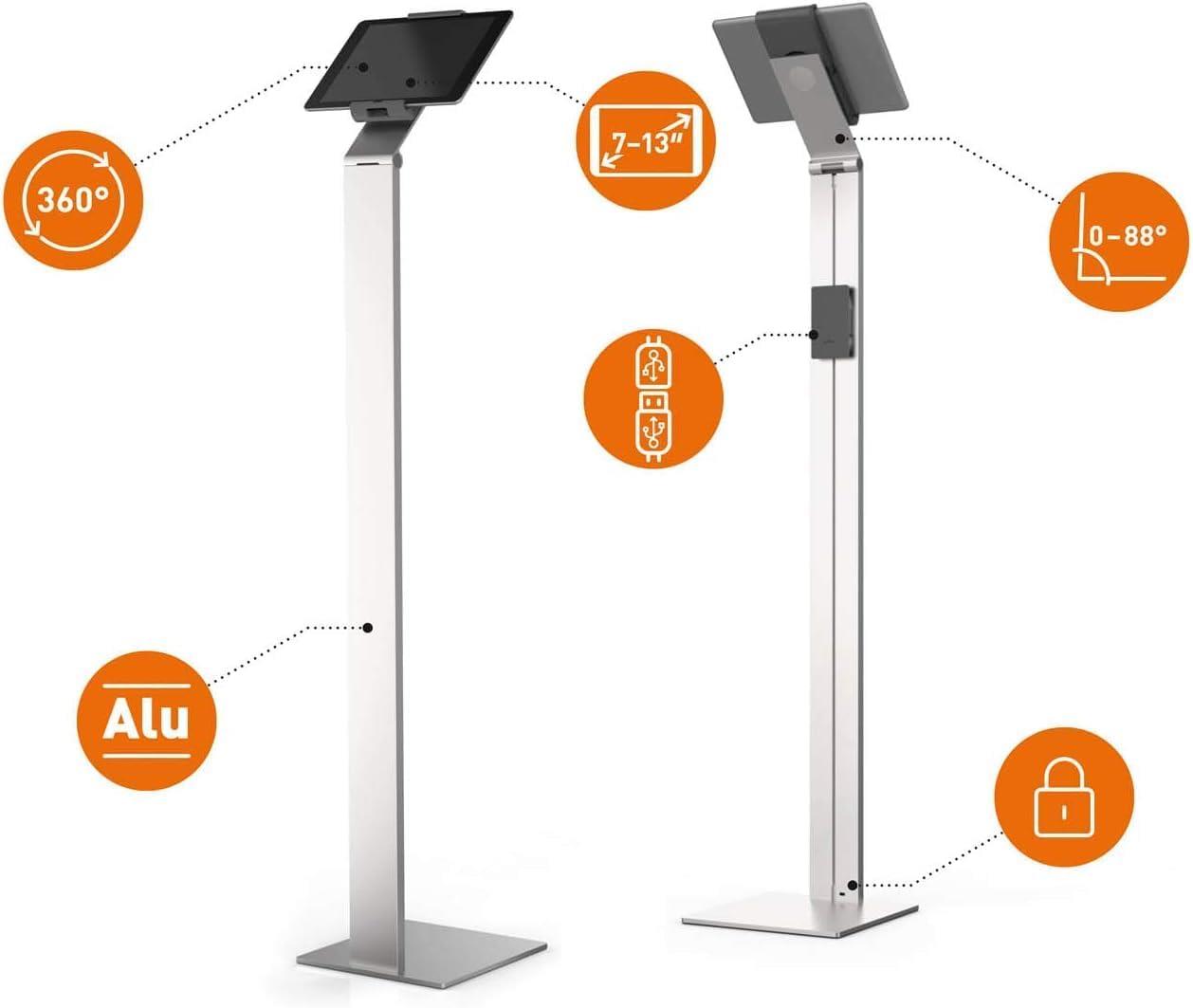 Durable Aluminium Tablet Holder iPad Floor Stand 7-13in Lockable Silver | Durable Tablet Stand for Office, Warehouse and Workplace Use