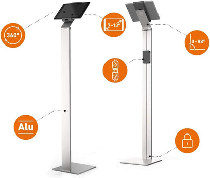 Durable Aluminium Tablet Holder iPad Floor Stand 7-13in Lockable Silver | Durable Tablet Stand for Office, Warehouse and Workplace Use