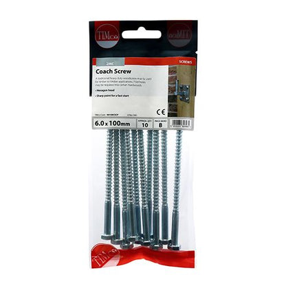 TIMCO Coach Screws Hex Head Silver  - 6.0 x 100 TIMpac OF 10 - 06100CSCP