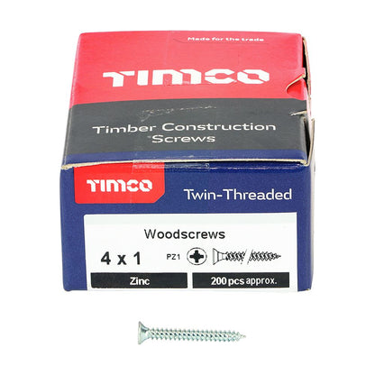 TIMCO Twin Woodscrew PZ1 CSK Zinc 4 x 1 Silver Pack 200