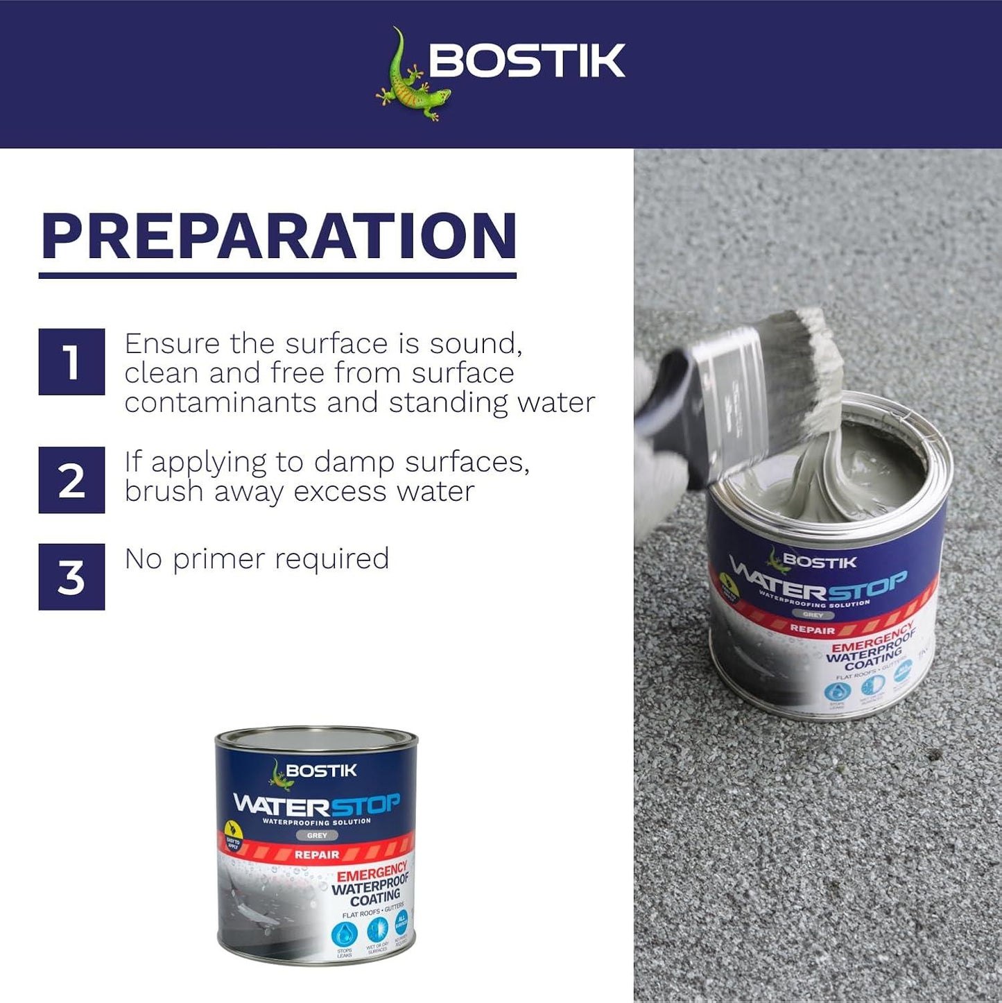 Bostik Waterstop Emergency Coat, Quick Drying, Instant Sealing Coating, For Roofs And Gutters, 1kg, Grey