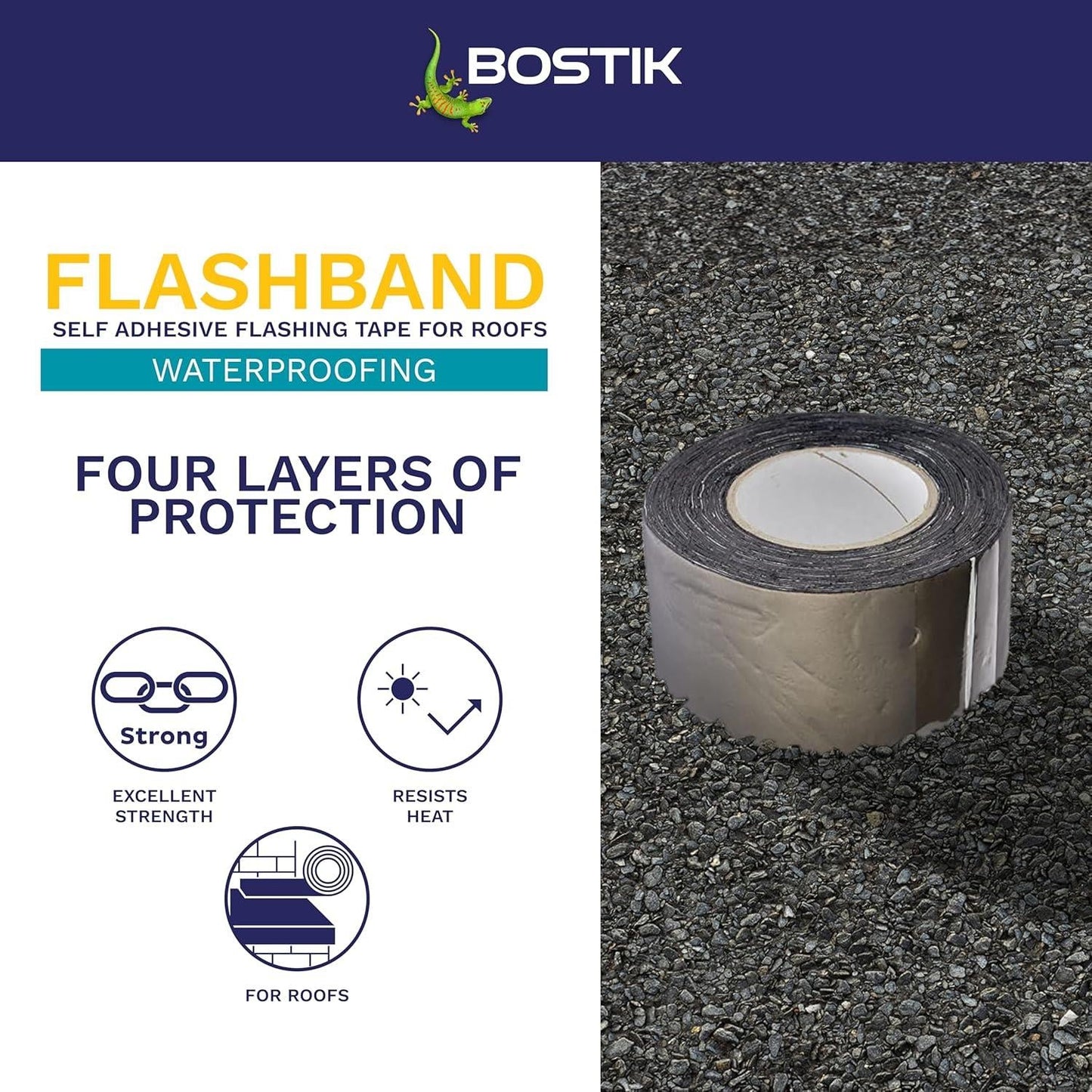 Bostik Flashband Self Adhesive Flashing Tape for Roofs, Provides an Instant Watertight Seal, Colour: Grey, 100mm x 10m