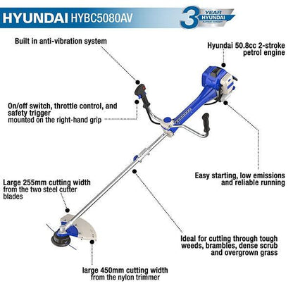 Hyundai HYBC5080AV Grass Trimmer 50.8cc Anti Vibration Brushcutter Garden Strimmer Brushcutter