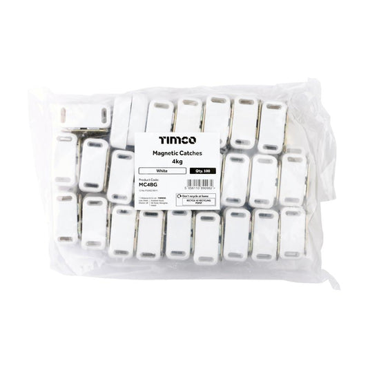 TIMCO MC4BG White 4kg Magnetic Catches 100 Pack for Cupboard and Cabinet Doors Surface Mounted Light Duty Furniture Door Latches
