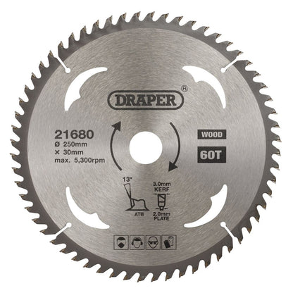 Draper TCT SAW BLADE 250MM 60T WOOD 21680 TCT Circular Saw Blade for Wood, 250 x 30mm