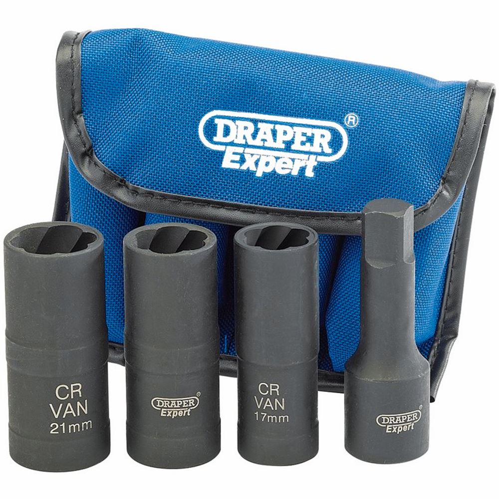 Draper 4PC WHEEL NUT DOUBLE SOCKETS 09539 1/2" Sq. Dr. Wheel Nut Double Impact Socket Kit (4 Piece)