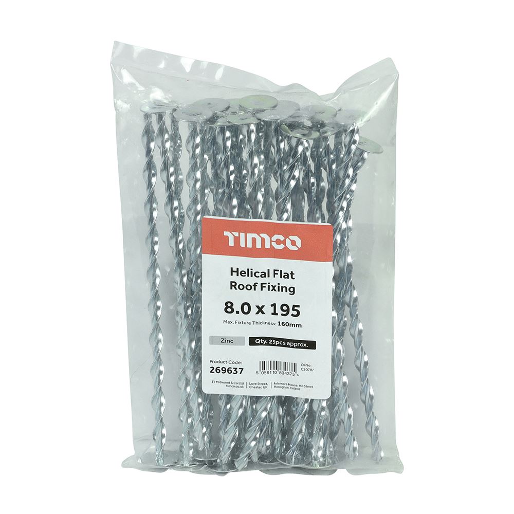 TIMCO Helical Flat Roof Fixing Zinc 8.0 x 195 Silver Pack 25