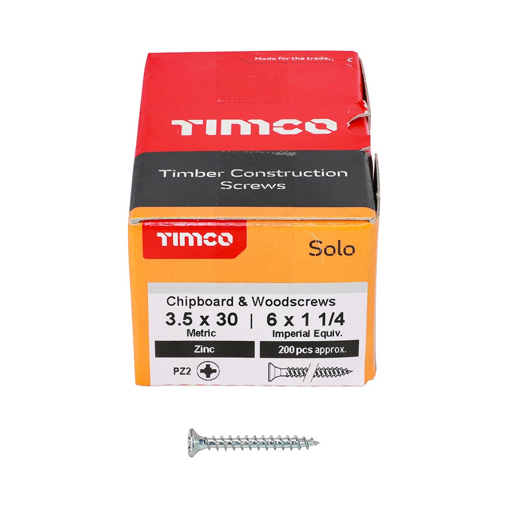 TIMCO Solo Woodscrew PZ2 CSK Zinc 3.5 x 30 Silver Pack 200