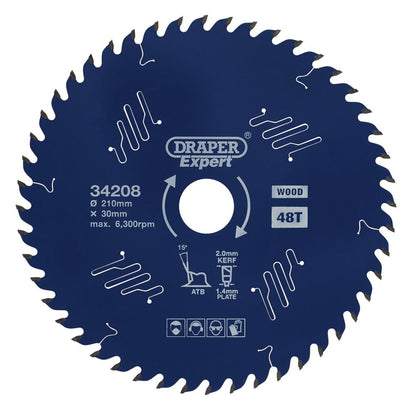 Draper TCT SAW BLADE 210MM 48T 34208 TCT Circular Saw Blade for Wood with PTFE Coating