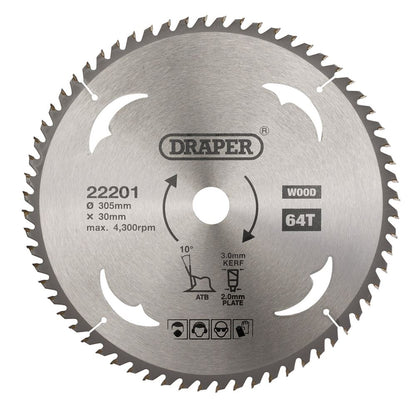 Draper TCT SAW BLADE 305MM 64T WOOD 22201 TCT Circular Saw Blade for Wood, 305 x 30mm