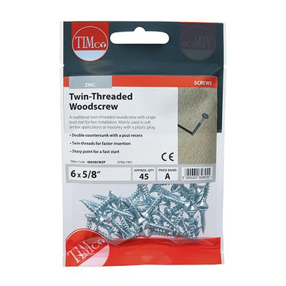 TIMCO Twin Woodscrew PZ2 CSK - BZP 6 x 5/8 Silver Pack 45