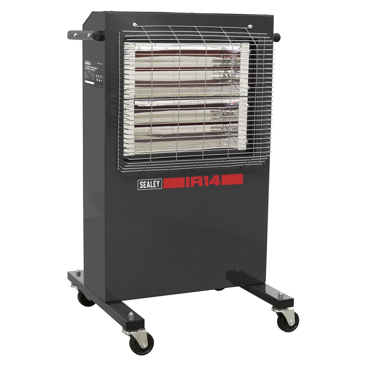 Sealey IR14 Infrared Cabinet Heater 1.4/2.8kW 230V | 1400/2800W, 230V-13A, Thermostat, Timer, Adjustable | Powder coated metal cabinet with two ruby