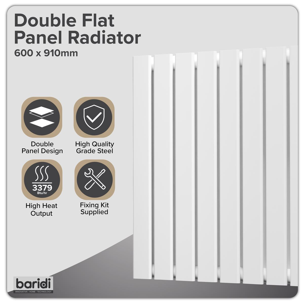 Baridi DH351 Horizontal Radiator Contemporary Double Flat Panel Design 600 x 910mm - White | Steel | Horizontal flat panel design delivers a BTU