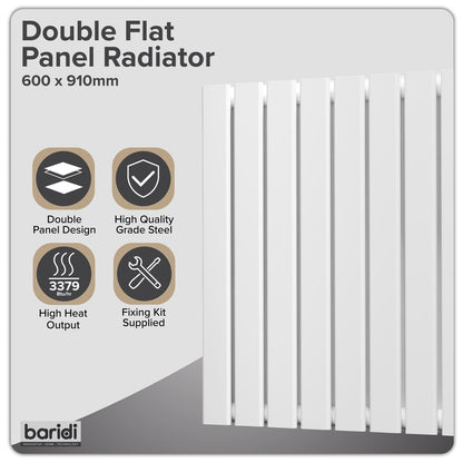 Baridi DH351 Horizontal Radiator Contemporary Double Flat Panel Design 600 x 910mm - White | Steel | Horizontal flat panel design delivers a BTU