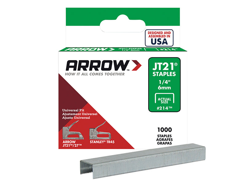 Arrow A214 JT21 T27 Staples 6mm (1/4in) Box 1000