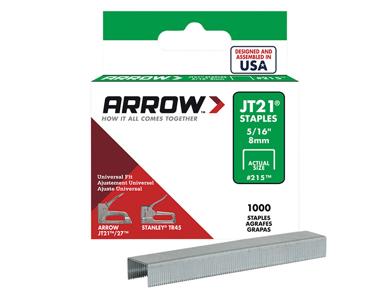 Arrow A215 JT21 T27 Staples 8mm ( 5/16in) Box 1000