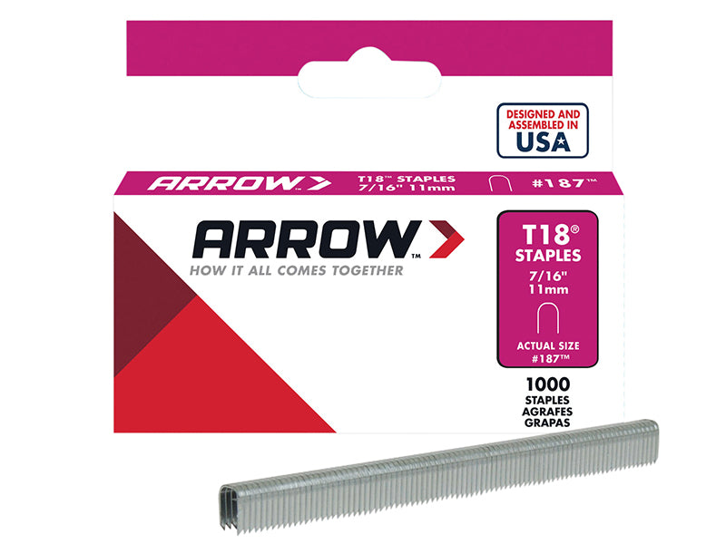 Arrow A187 T18 Staples 11mm (7/16in) Box 1000