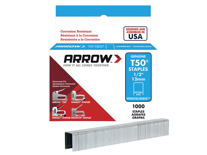 Arrow A508SS1 T50 Staples Stainless Steel 508SS 12mm (1/2in) Box 1000