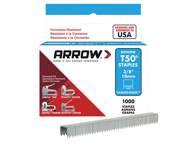 Arrow A506SS1 T50 Staples Stainless Steel 506SS 10mm (3/8in) Box 1000